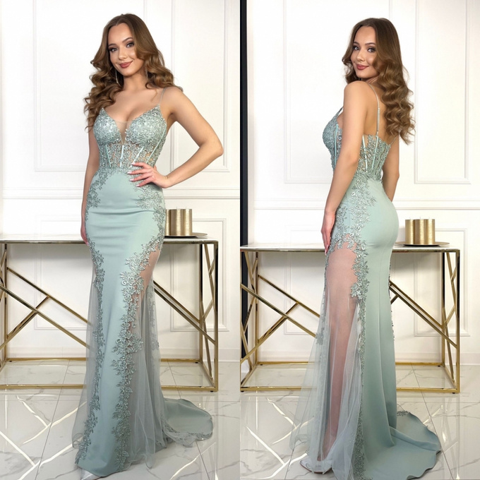 Elegancka Sukienka maxi Boda rybka- szałwia